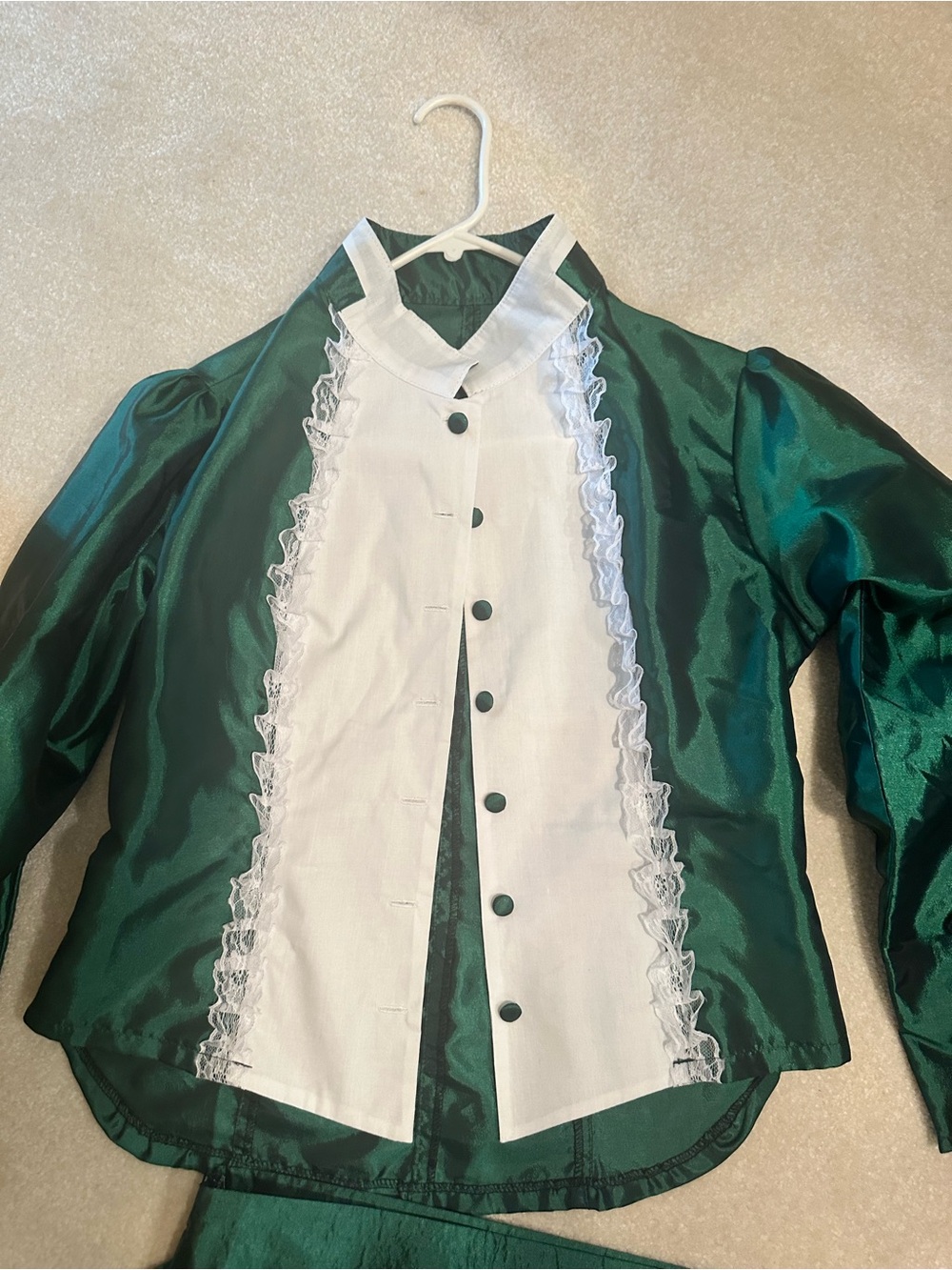 Victorian look Classic Green Satin Jacket with White Lace Bib